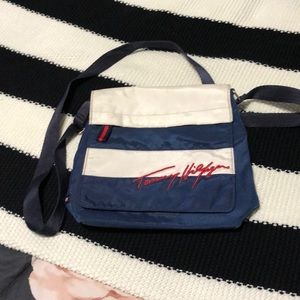 Blue and white striped purse